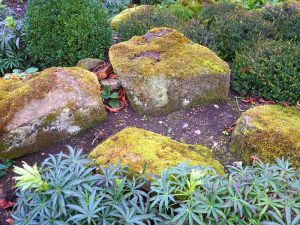 a flower bed with for large stones, attractively set